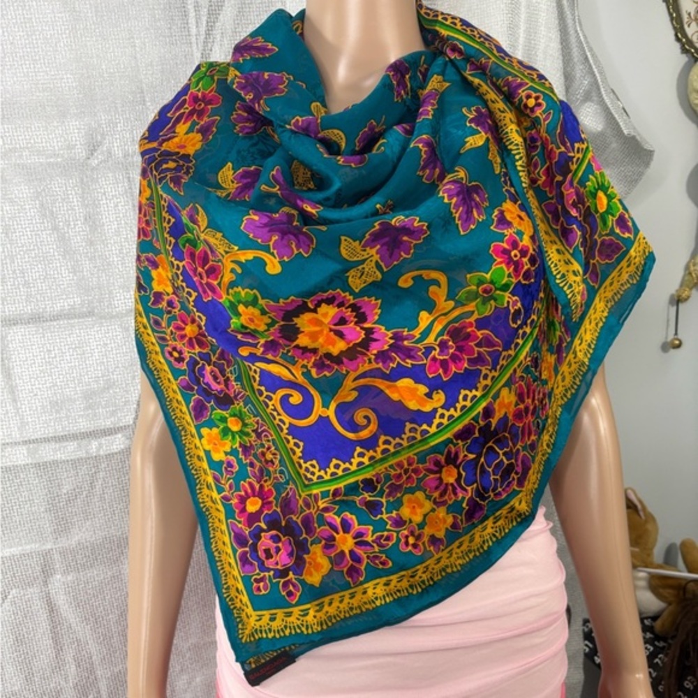 Balenciaga 100% silk Floral Teal and Purple Scarf NWOT